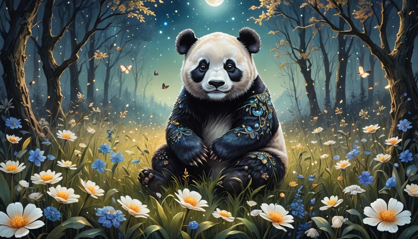 Fantasy Panda in Moonlit Flower Forest Painting