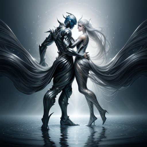Couple Embracing With Shimmering Silver Paint