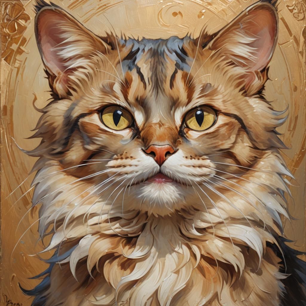 Anthropomorphic Cat Applying Lotion in Alphonse Mucha Style