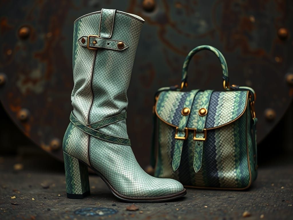 Snakeskin Boots and Bag in Hyperrealistic Style