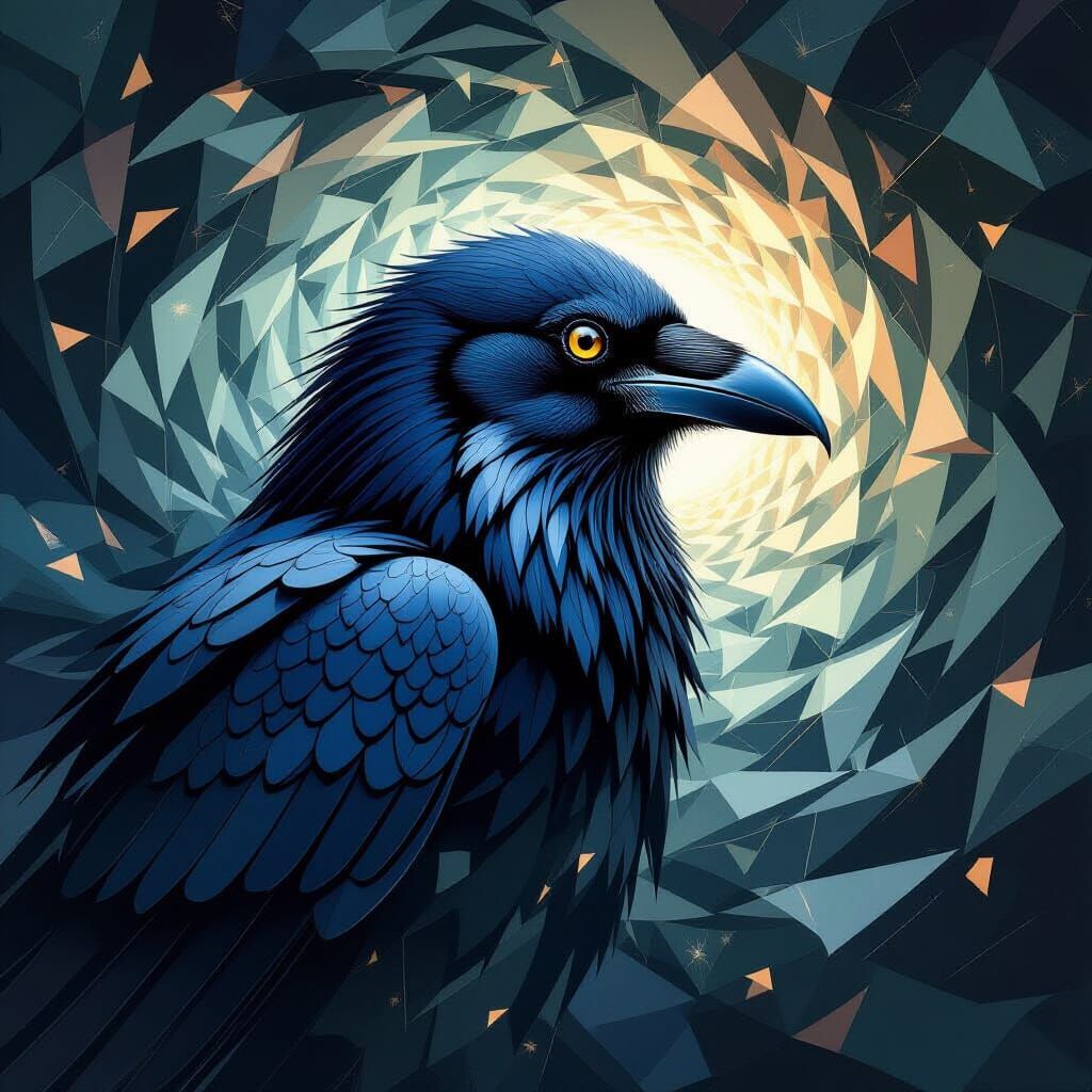 Fractal Raven Portrait in Cubist Art Deco Style