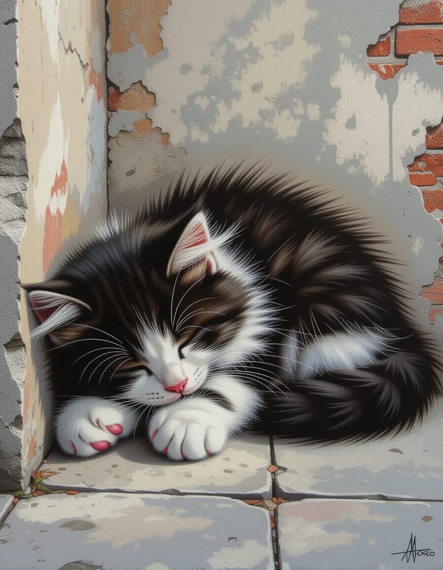 Hyperrealistic Kitten Mural on Urban Wall