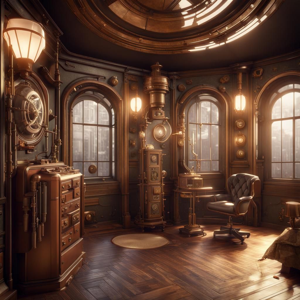 Art Deco Steampunk Room in 3D Cinematic Style
