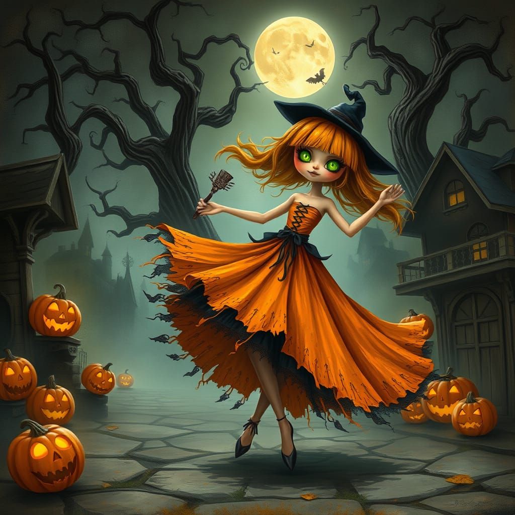 Mystical Pumpkin Girl Dances Under Full Moon