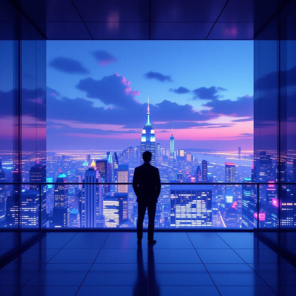 Figure on Balcony Overlooking Neon Cityscape at Twilight