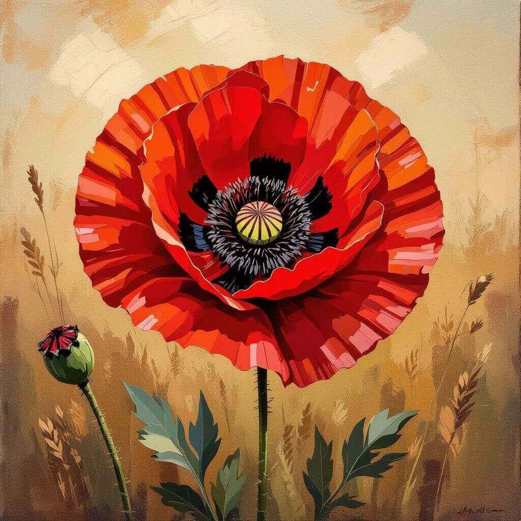 Textured Red Poppy with Golden Hour Light