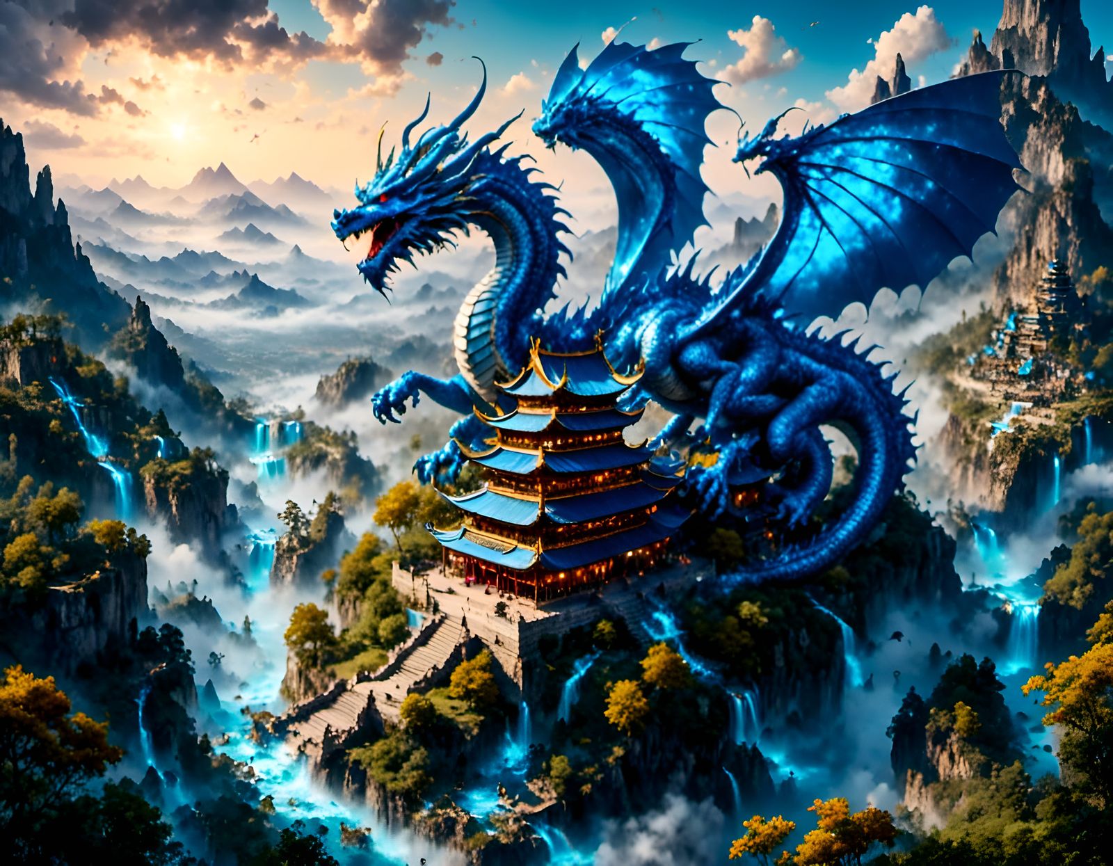Blue Dragon Over Tibetan Temple