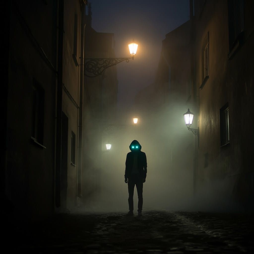 Mysterious Figure Hesitates in Foggy Alleyway