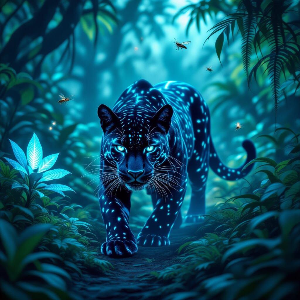 Bioluminescent Panther in Alien Jungle Fantasy Art