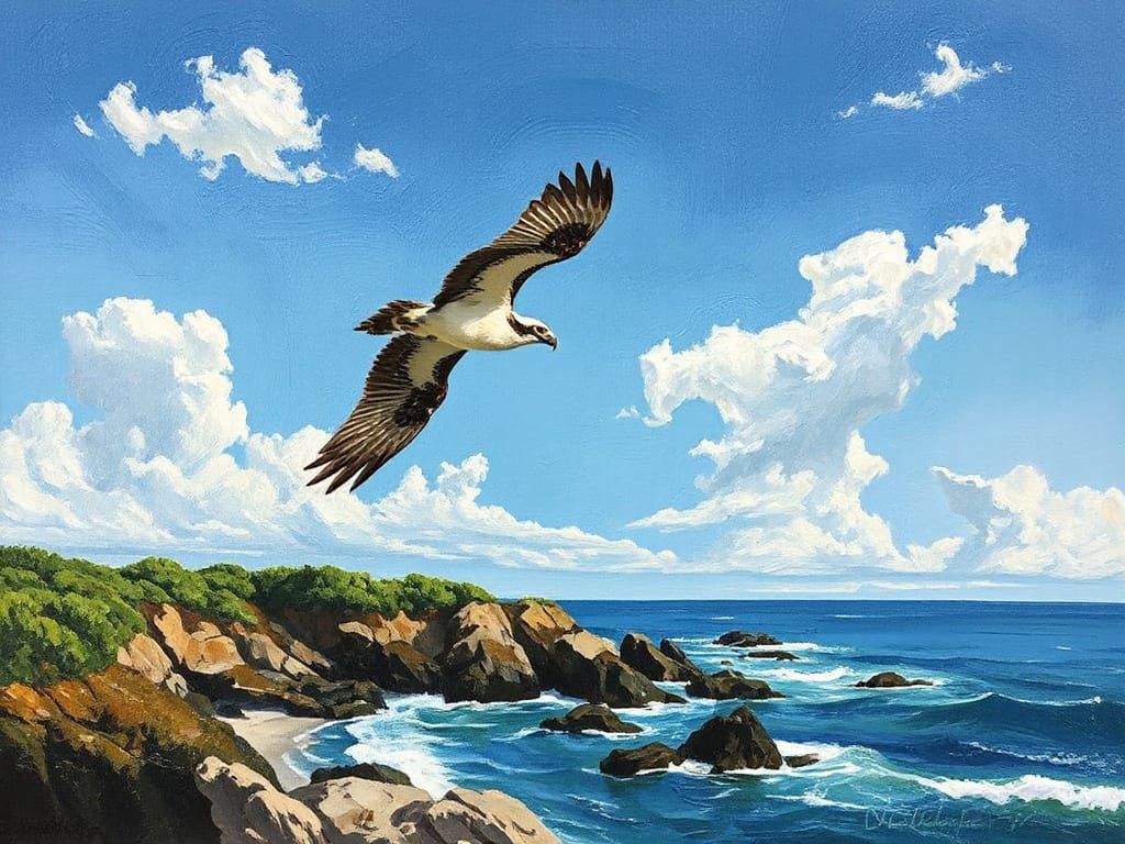 Osprey Soaring Above Shoreline as Impasto Oil Painting