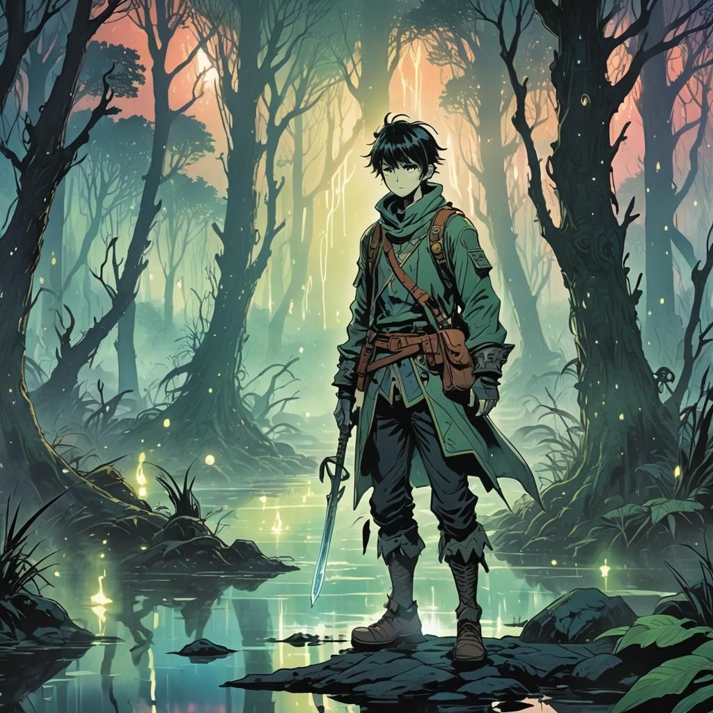 Adventurer in Mystical Swamp: Vibrant Anime Style
