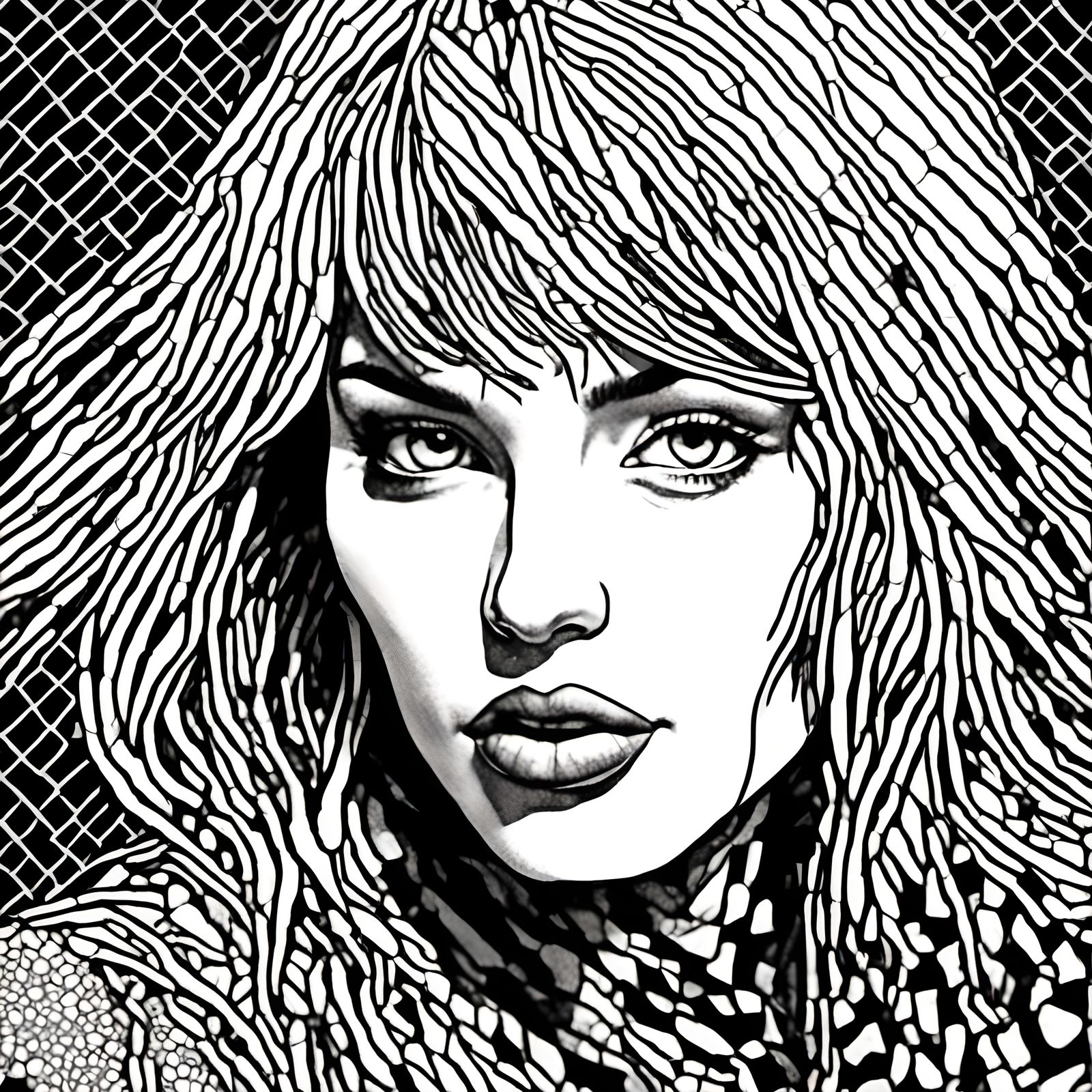 Woman in Crosshatched Line Art with 2D Patterns