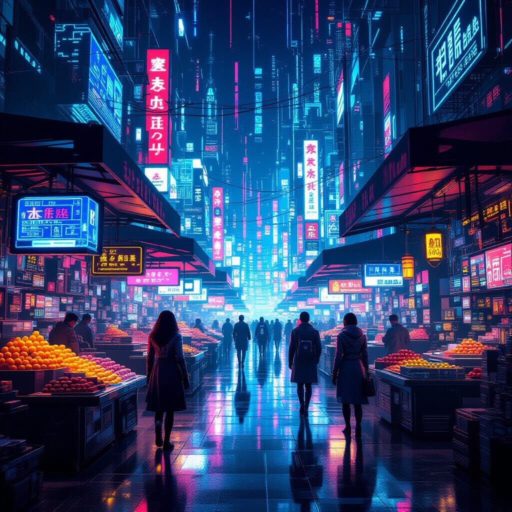 Cyberpunk Marketplace of Fiber Optics and Neon Data