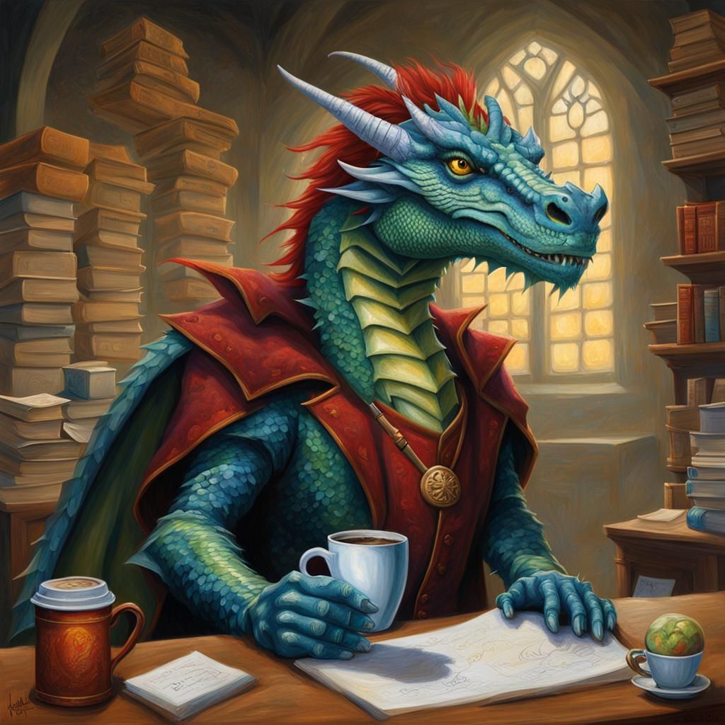Teacher Dragon holding coffee cup and grading papers classro...