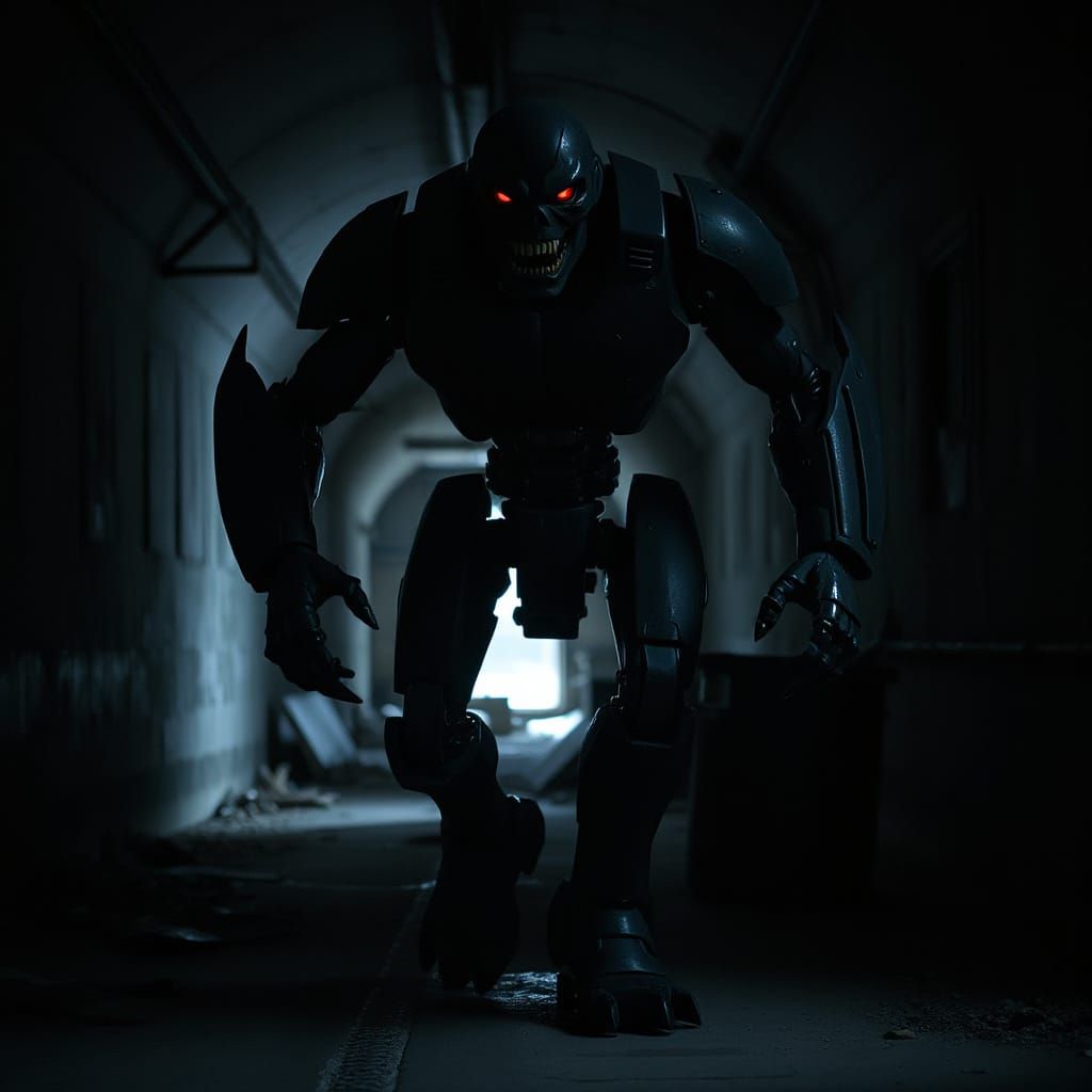Menacing Robot in Abandoned Factory Tunnel