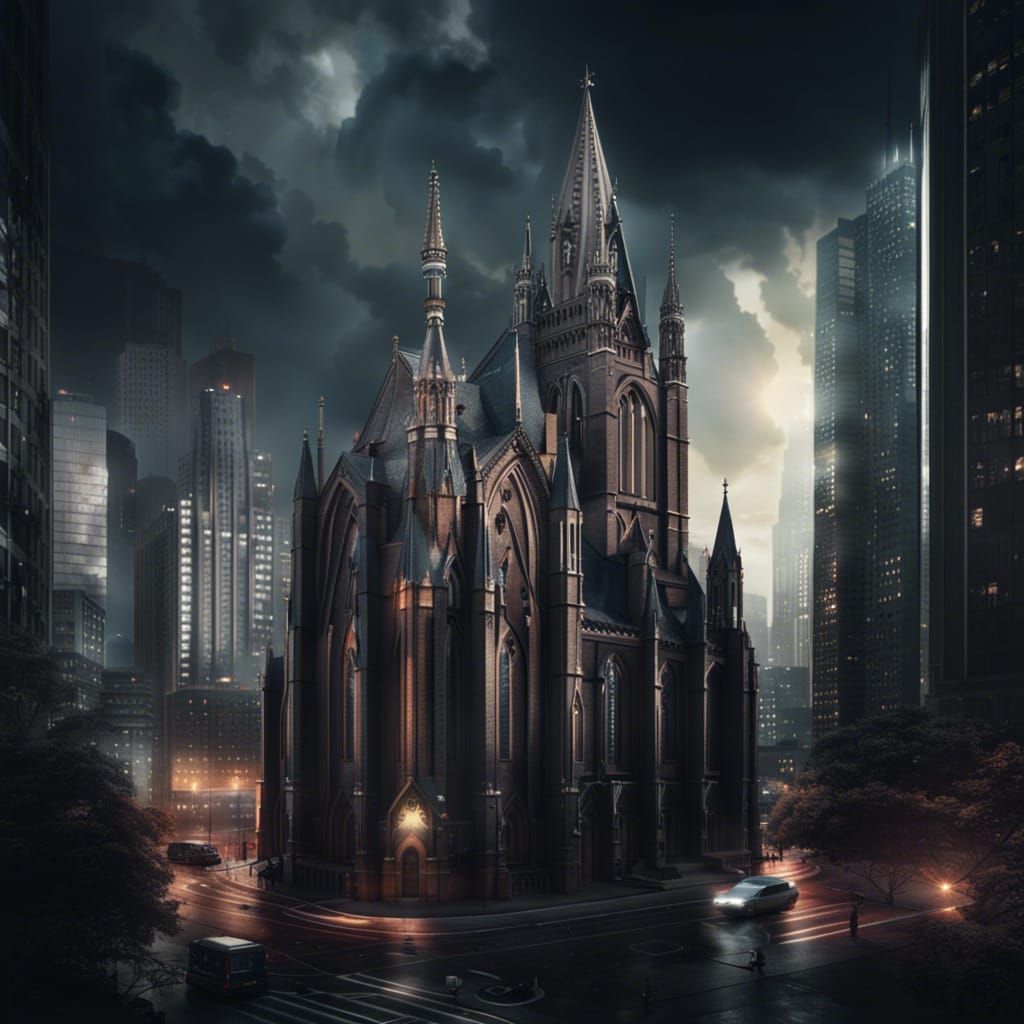 Gothic Church Amidst Modern Skyscrapers: Digital Matte Paint...
