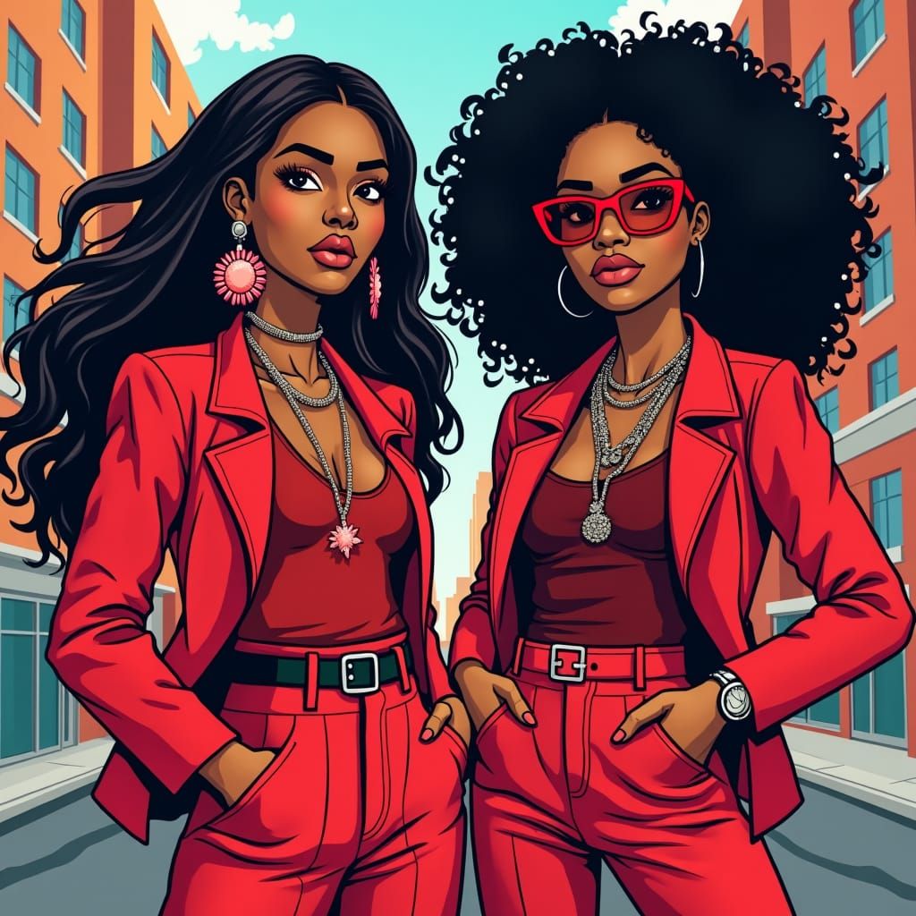 Pop Art Illustration of Confident Women in Cityscape