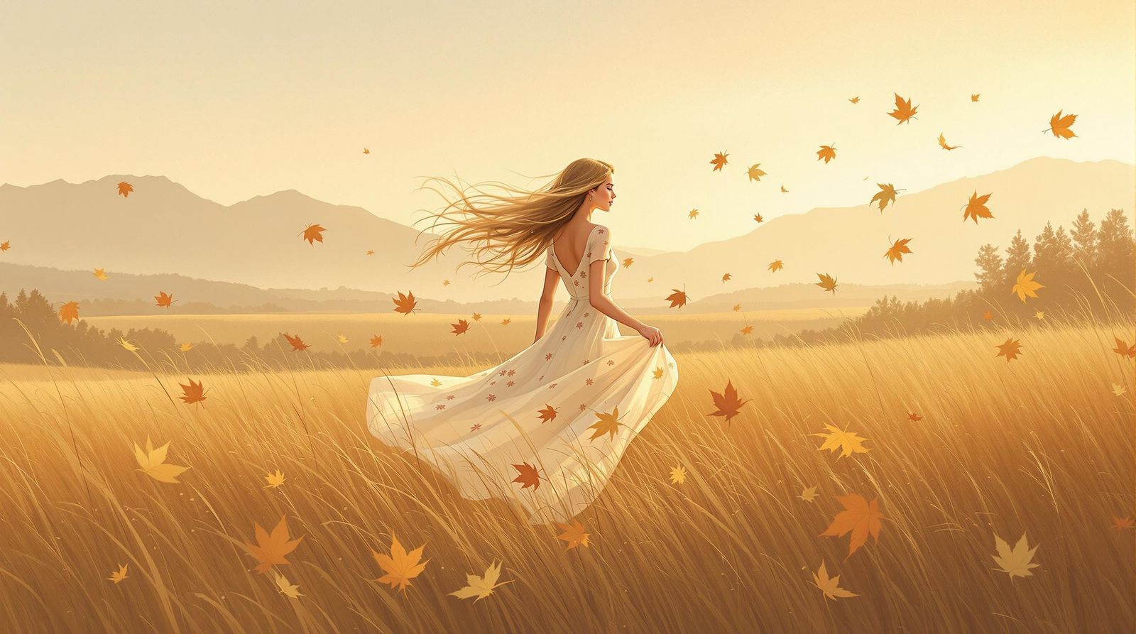 Golden Hour Autumn Landscape with Woman