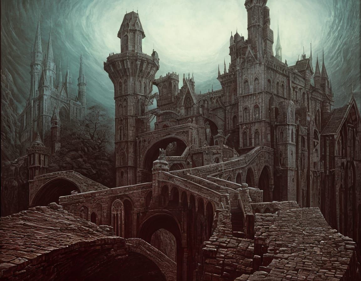 Surreal Castle with Drawbridges in Dreamlike Landscape