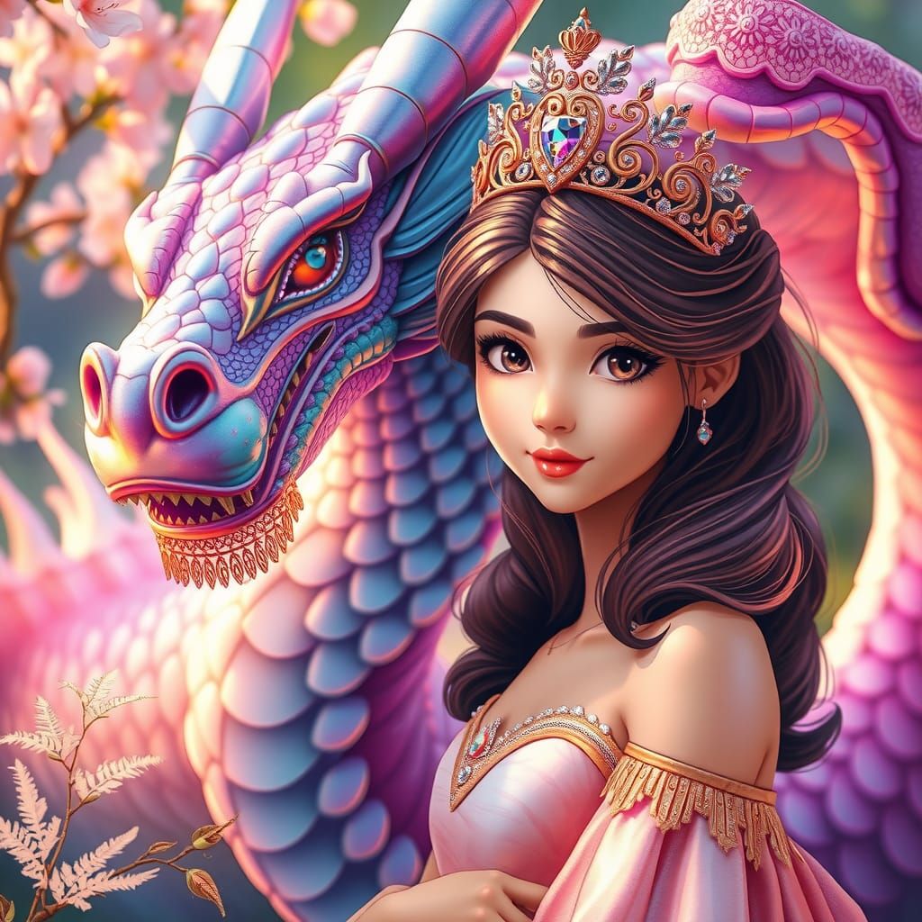 Princess and Iridescent Dragon in Anime Style