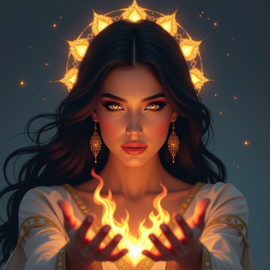 Surreal Goddess Commands Flames in Cosmic Holographic Aesthe...