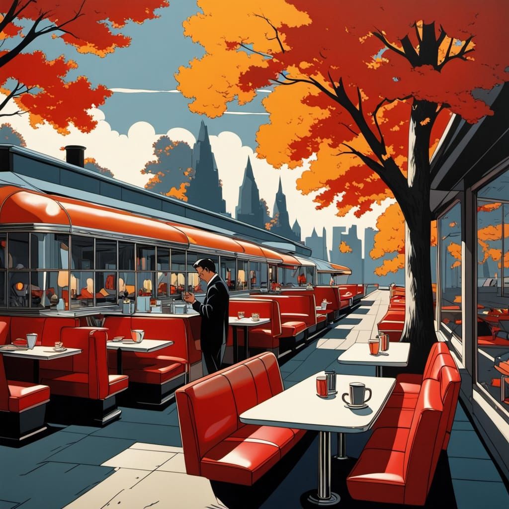 Surreal 1950s Diner in Airbrush Art Style