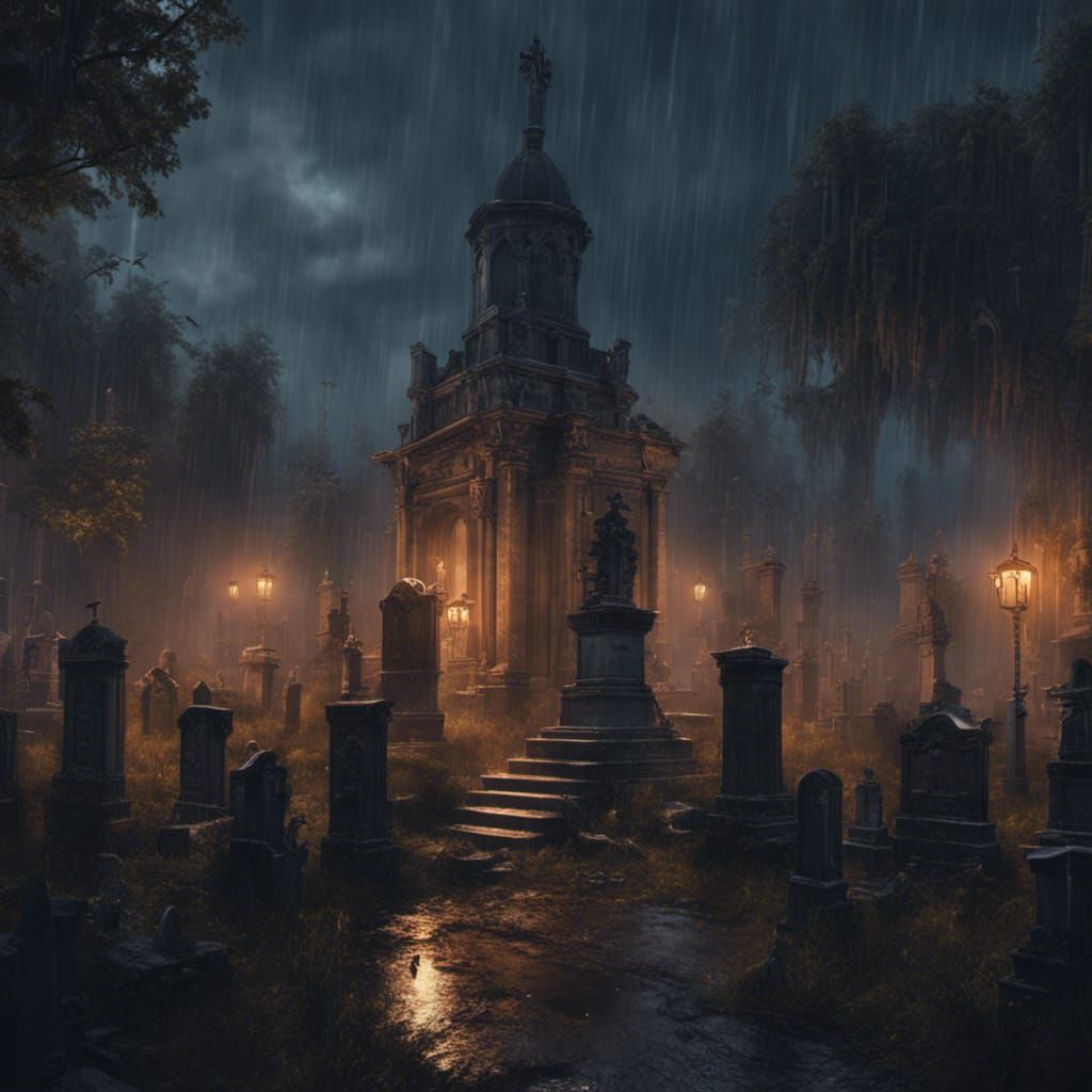 Rainy Night Cemetery: Detailed Fantasy Concept Art