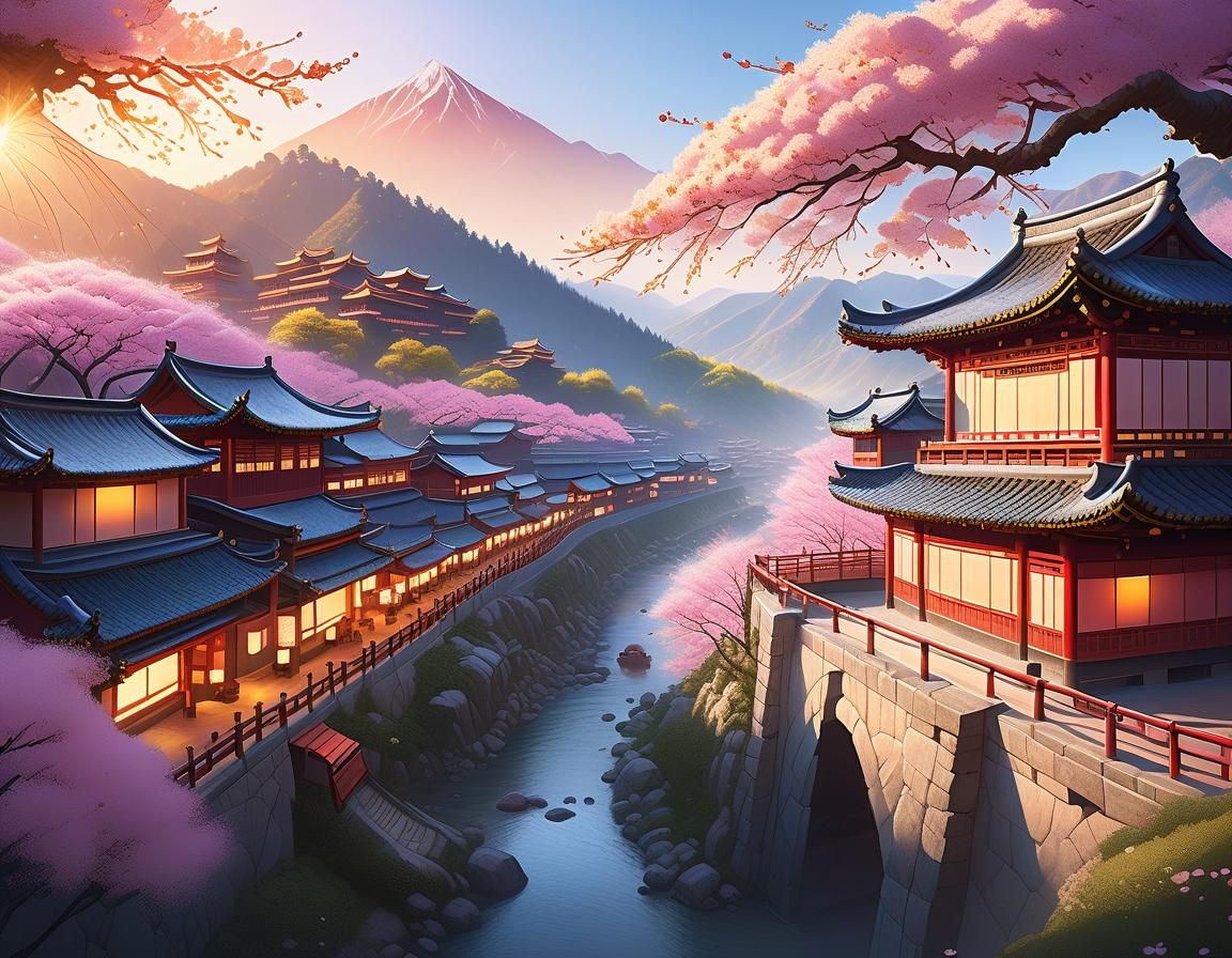 Sunrise Over Mountain Village: Digital Illustration