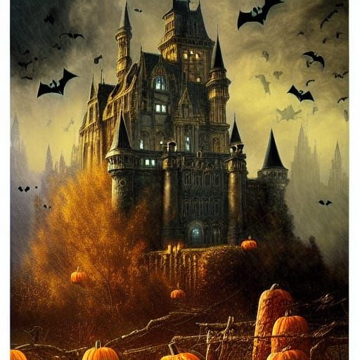 Spooky Halloween Castle in Digital Matte Painting Style