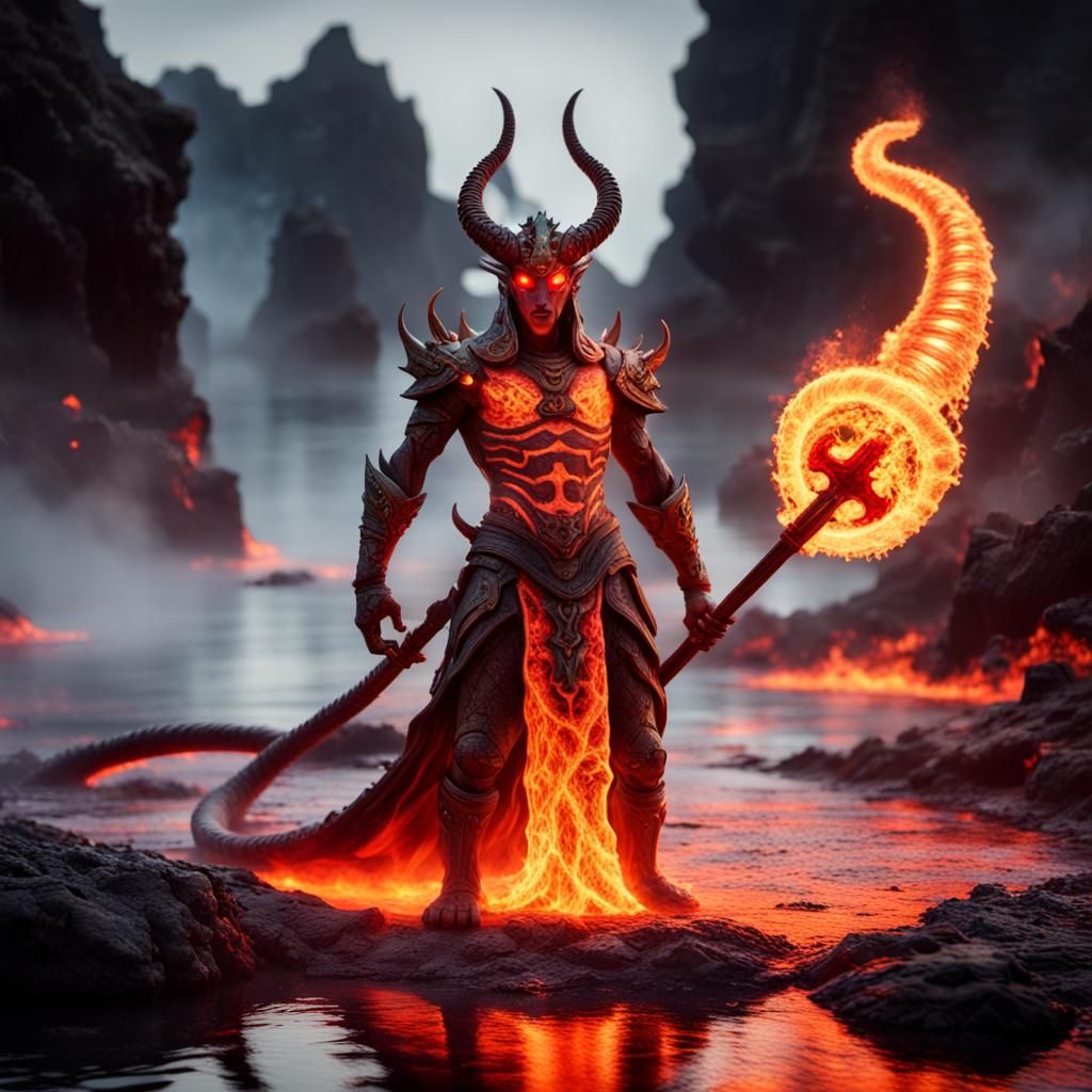 mystical being emerging from a lake of molten lava, holding ...