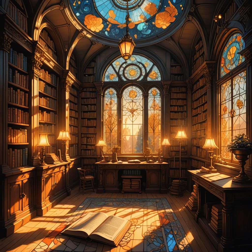 Enchanted Library with Floating Books and Rune Scrolls