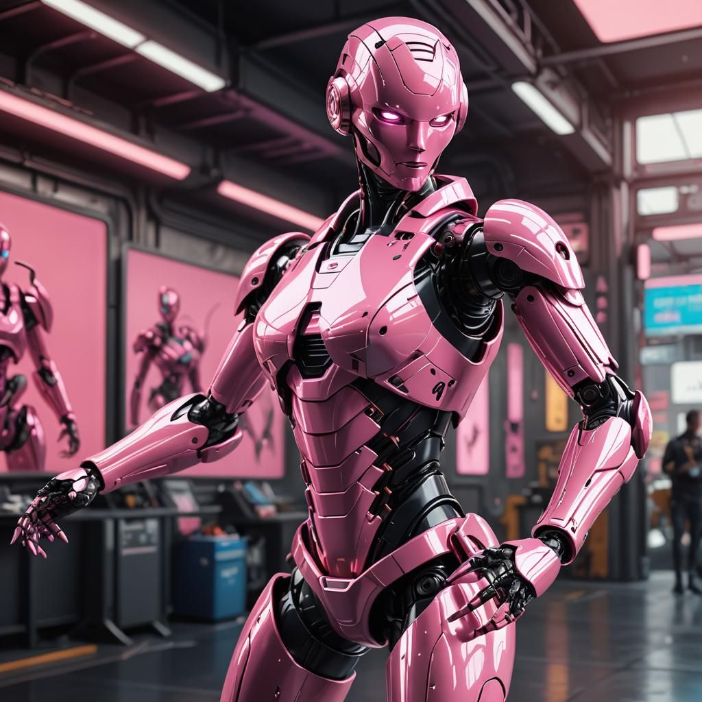 "Design afull length sleek 3D model of Rosie Punchtron, a pink humanoid robot martial artist.