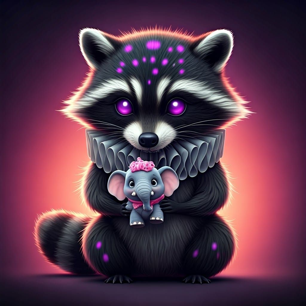 Ominous Raccoon Monster Devouring Tiny Elephant: Pixar-inspi...