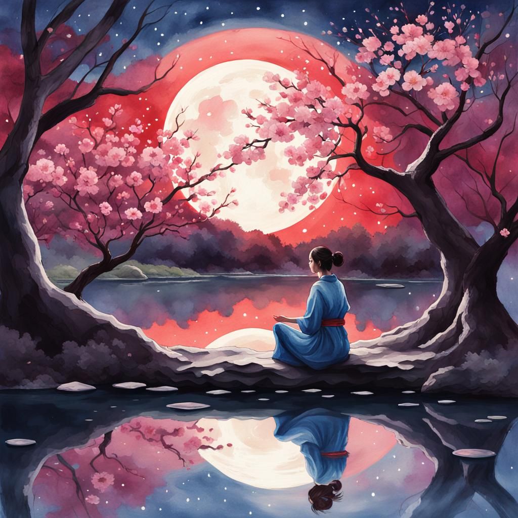Serene Woman Meditates Under Twilight Cherry Blossoms