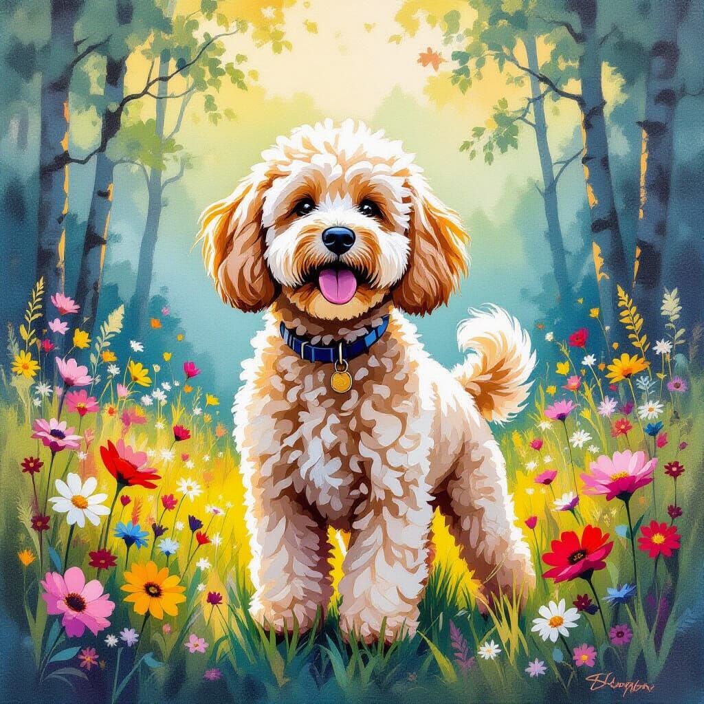 Whimsical Labradoodle in Forest Clearing Painting