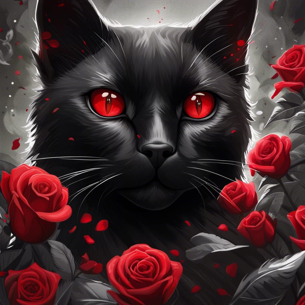 Dramatic Noir Portrait: Black Cat in Red Roses