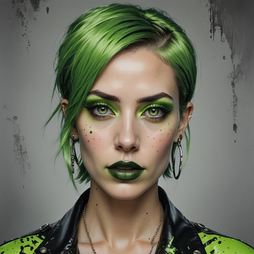 Hyperrealistic Portrait of a Rockstar with Green Hair