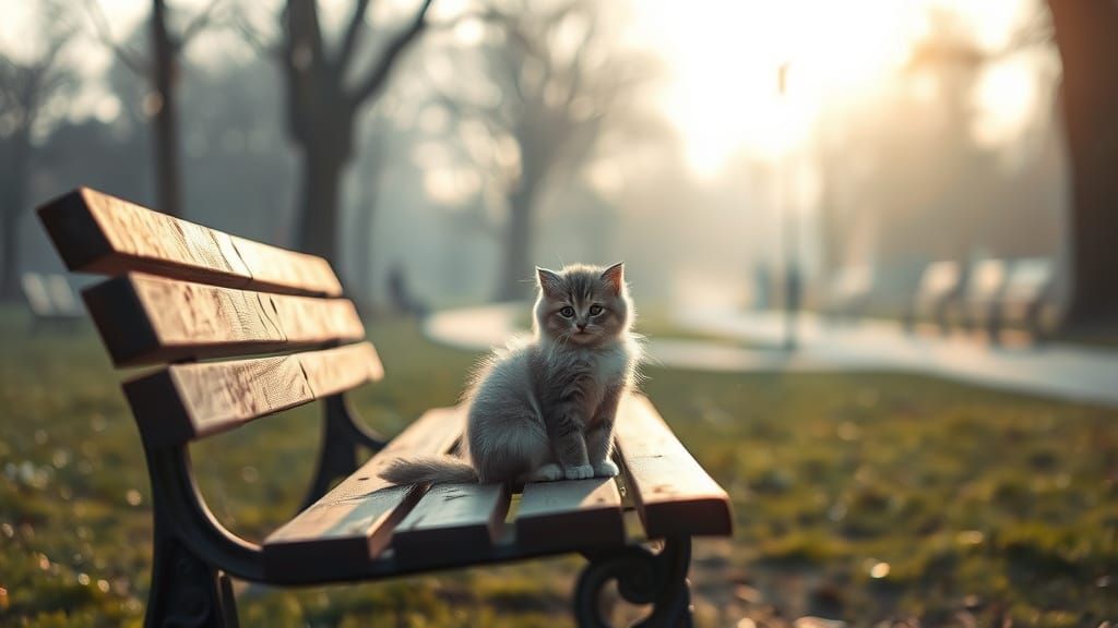 Fluffy Kitten on Park Bench at Dawn