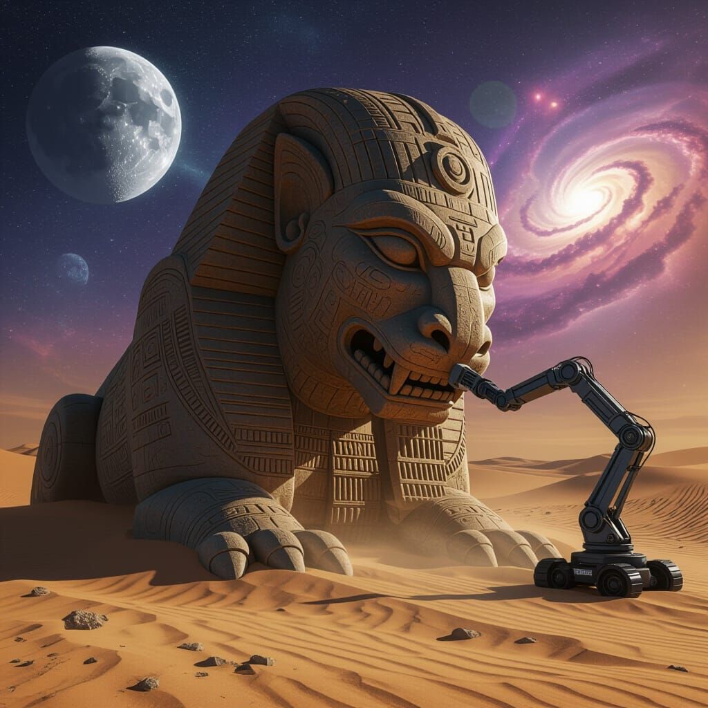 Robot Cleans Ancient Alien Statue Under Twin Moons
