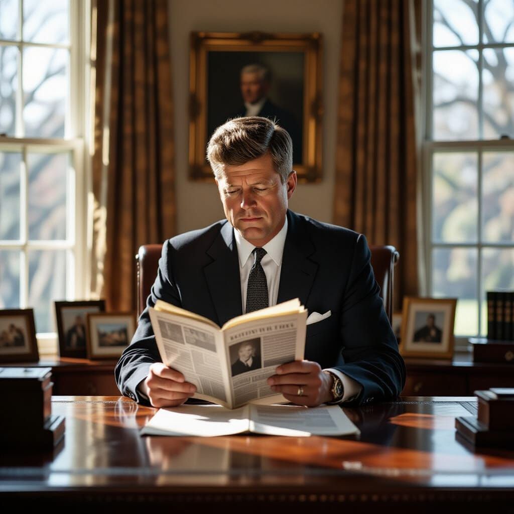 JFK Ponders News in Oval Office, Dramatic Lighting