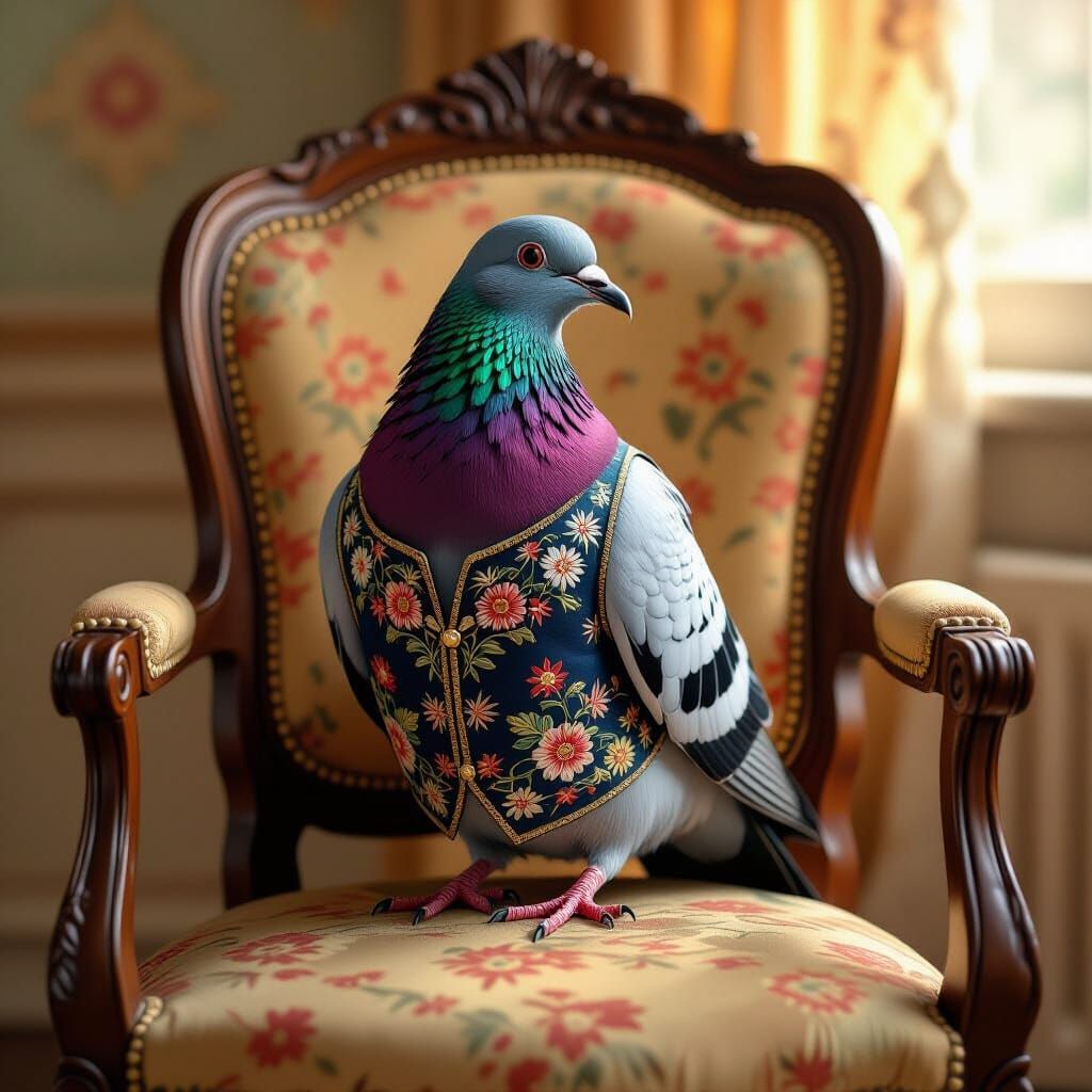 Pigeon in Embroidered Vest on Vintage Chair