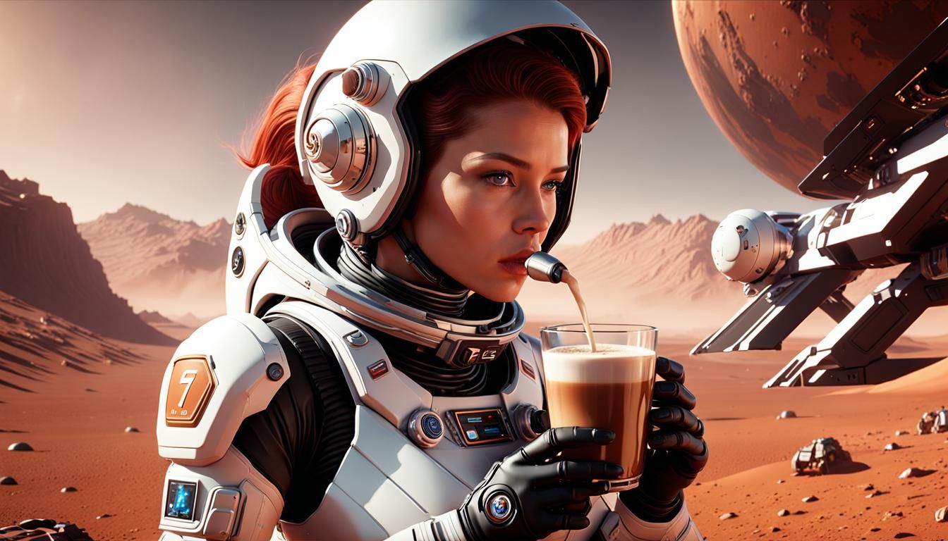 Astronaut Sipping Latte on Mars in Sci-Fi Style
