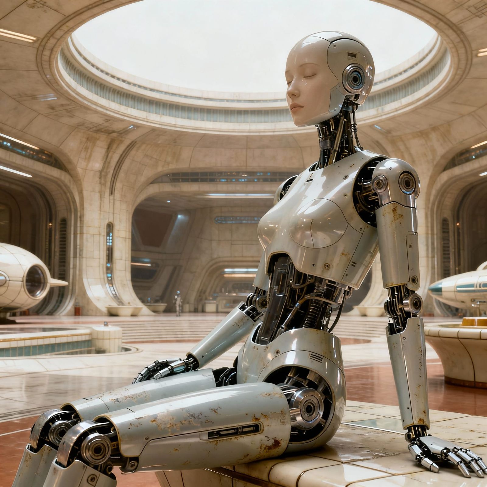 Retro Sci-Fi Android in Analog Research Complex