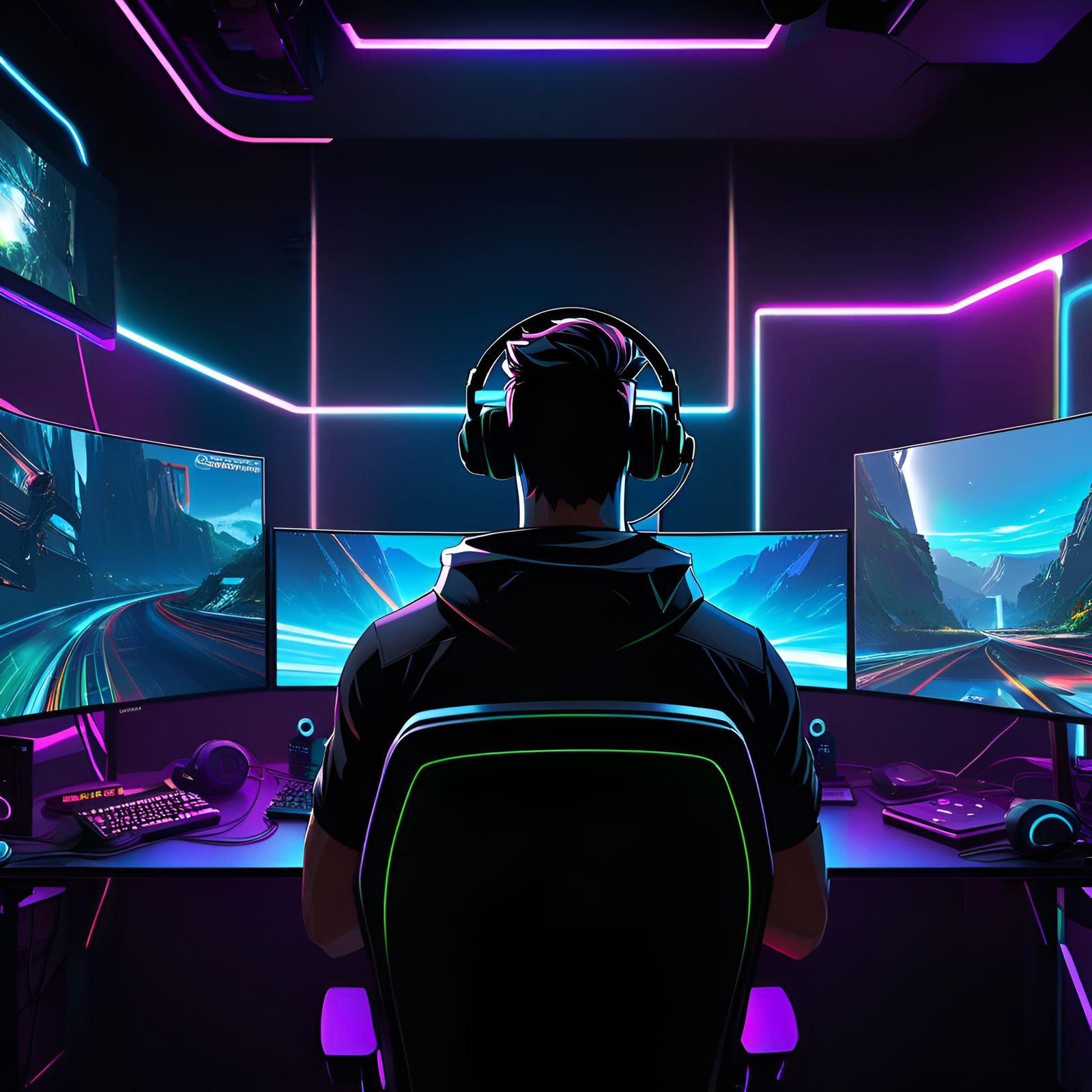 Gamer at PC with RGB Lights in Comic Art Style