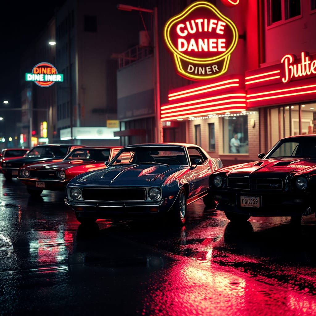 1970s Muscle Cars on Rainy Neon City Street