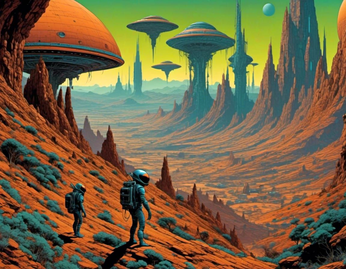 explorers roaming the hills on a new planet