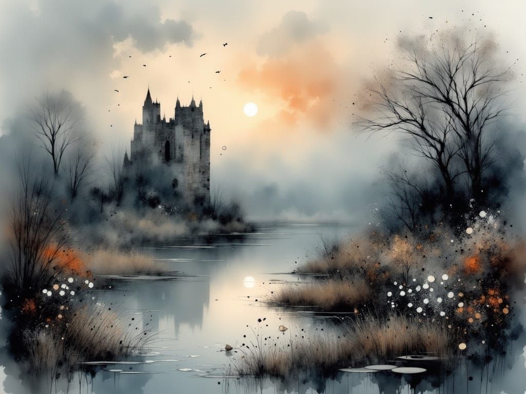 A Castle Ruin Emerges from Morning Mist in Vibrant, Intricat...