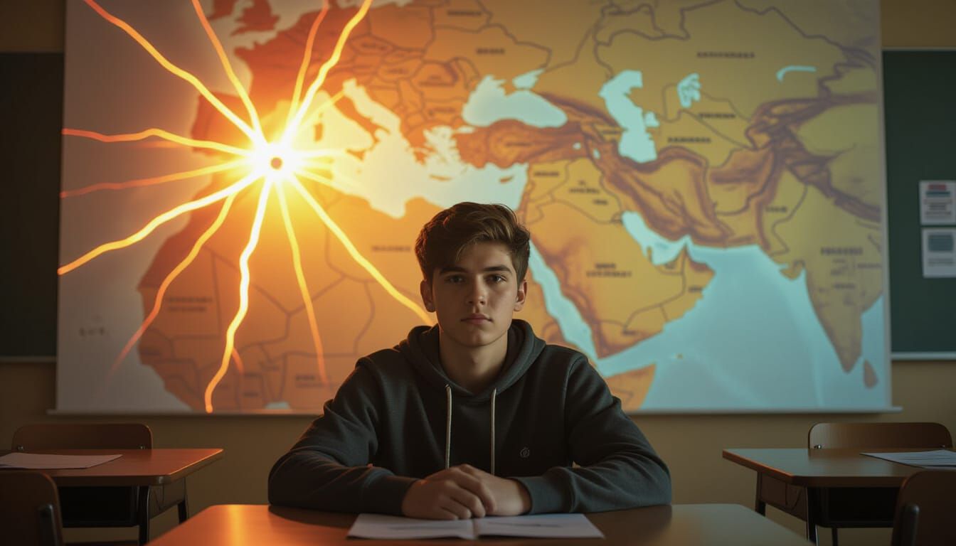 Student Illuminated by Middle East Map in Dim Classroom