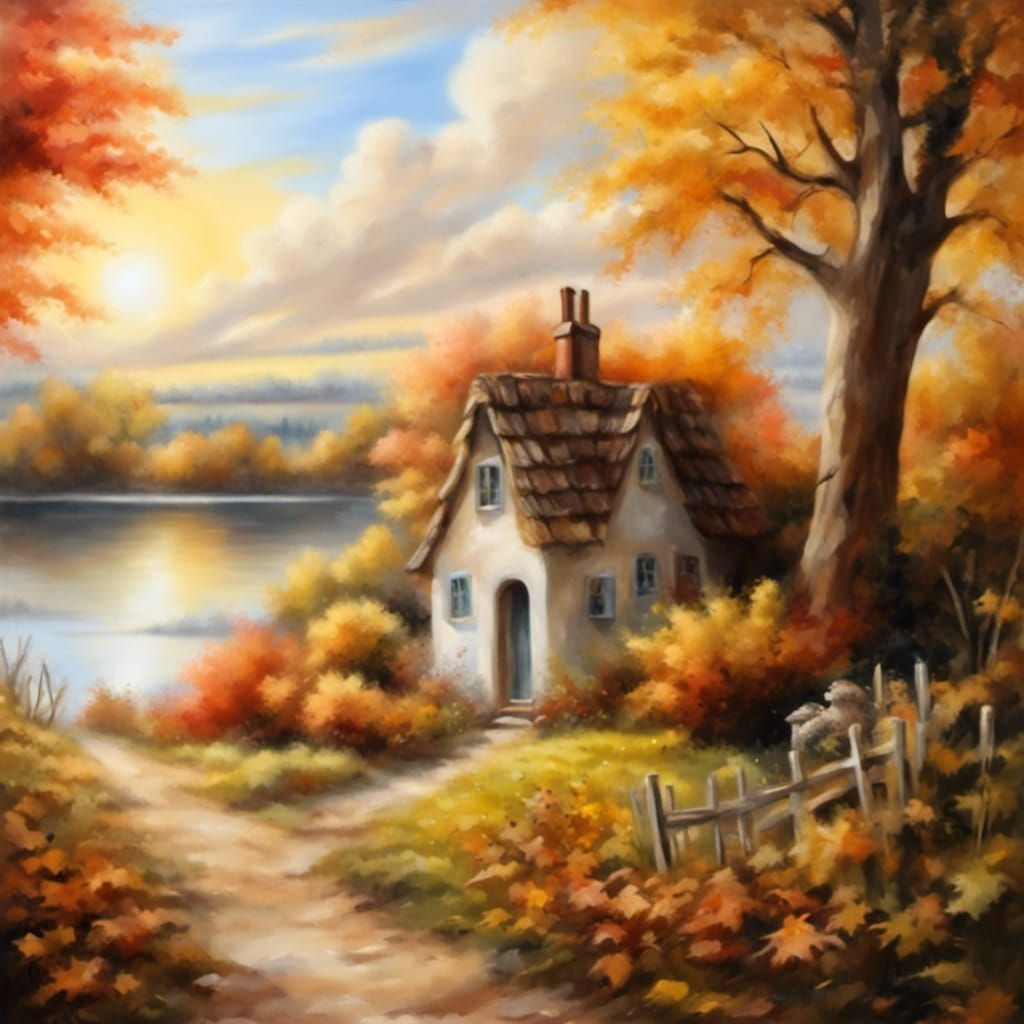 Heavenly Sunshine Illuminates Autumn Cottage Path