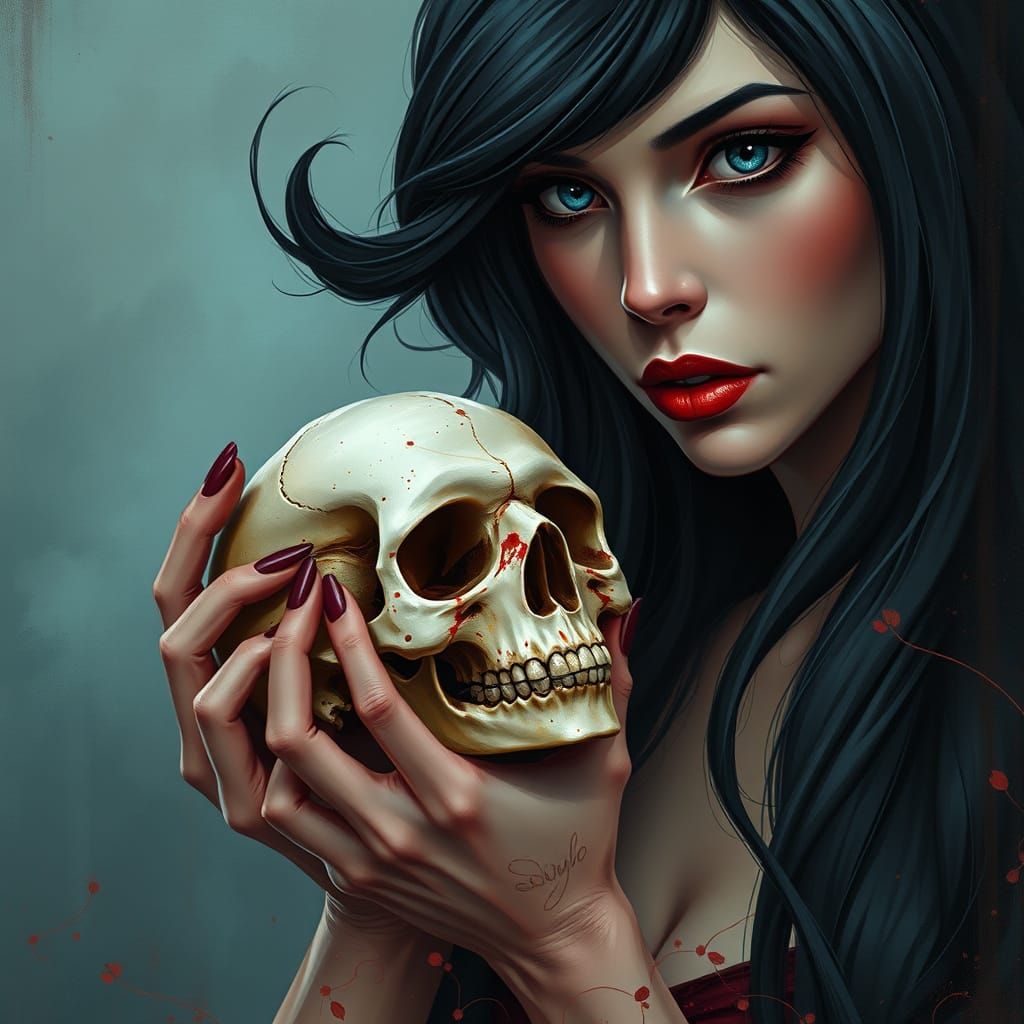 Elegant Lady Contemplates a Human Skull in a Somber, Eerie A...